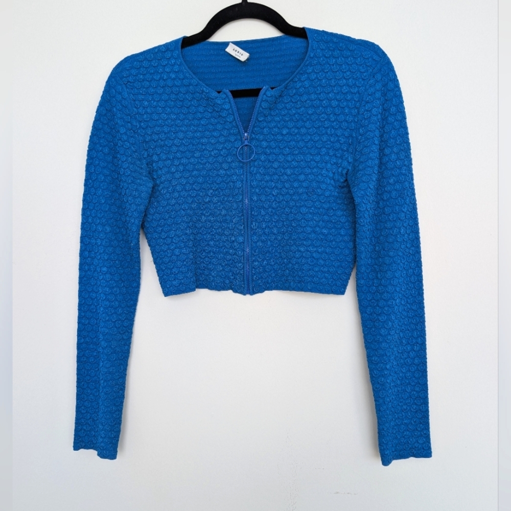 Akris Punto Blue Textured Cropped Evening Lady Jacket Cardigan Sz US4 Blue